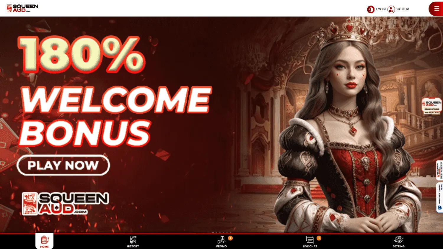 Squeenaud Casino desktop home with casino, live table and betting options