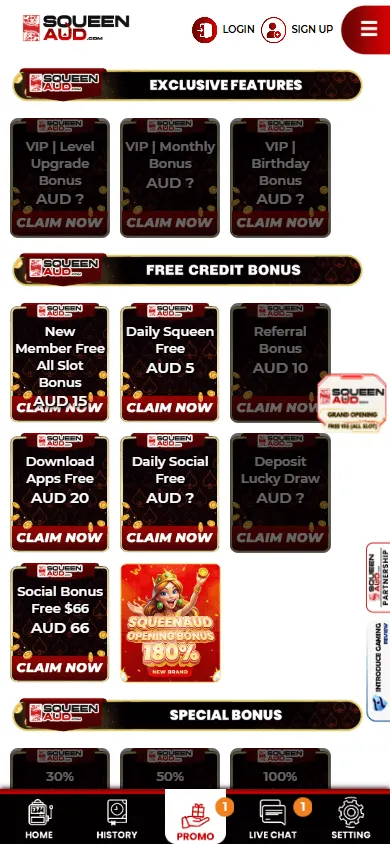 Squeenaud Casino mobile promotions with daily credits and promotional activities
