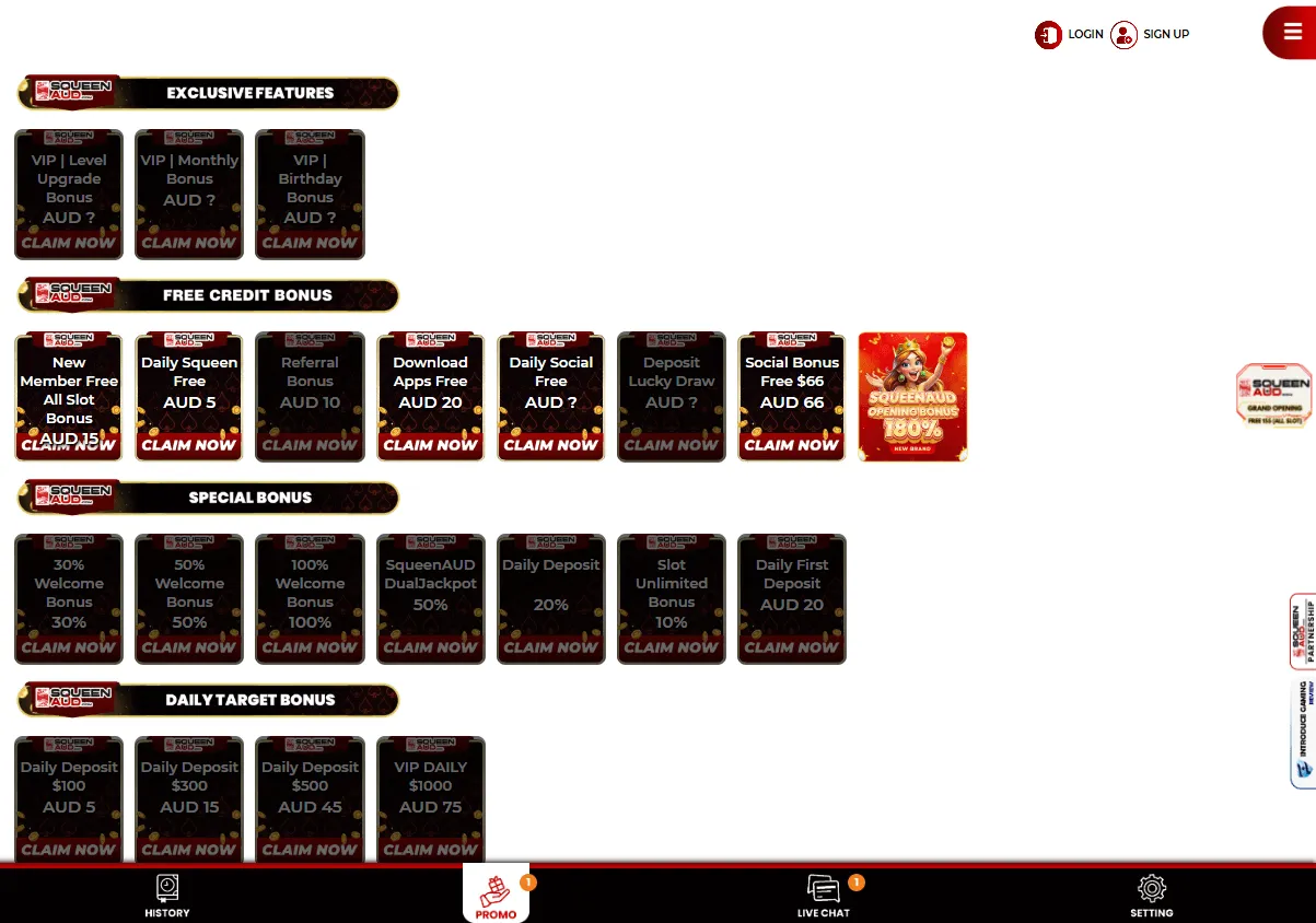 Squeenaud Casino desktop promotions with free credits and recurring offers